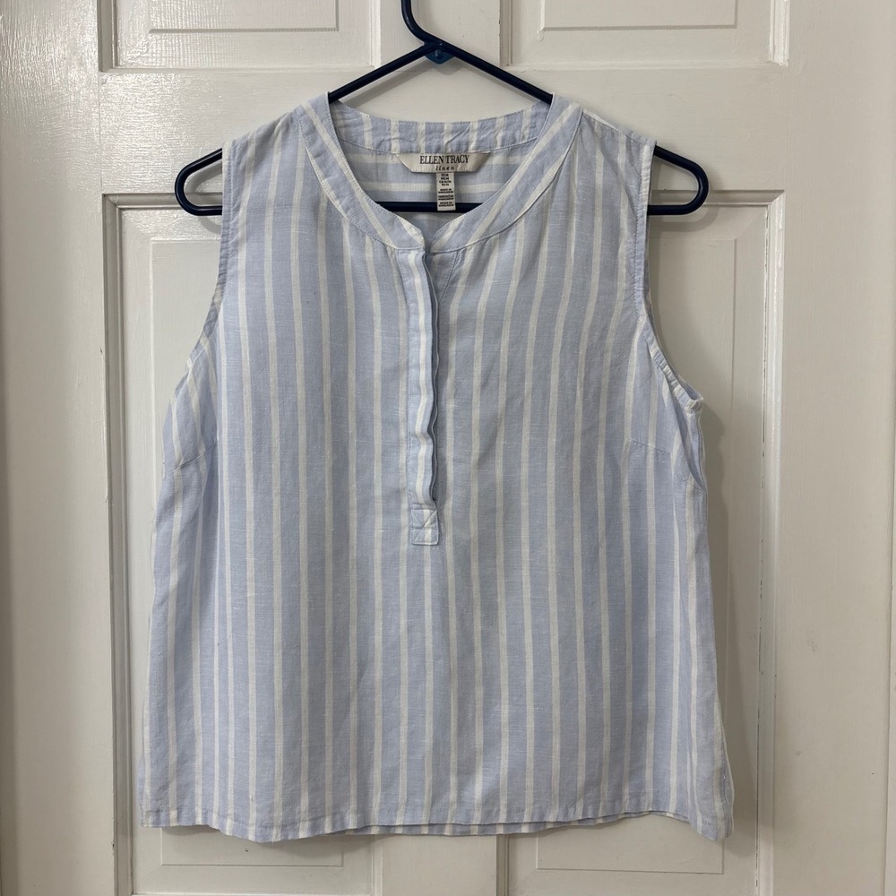 Ellen Tracy 100% Linen Popover  Blouse  M Coastal Top Beach‎ Resort Cruise